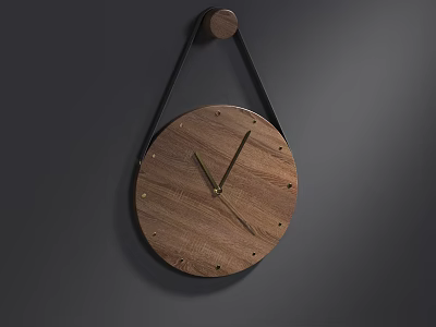 Round Wooden Wall Clock with Black Leather Strap Metal Rivets and Gray Wall Decor 3d model