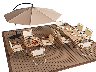 Outdoor Dining Table on Wooden Deck with Large Umbrella and Chairs Set with Plates 3d model
