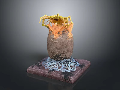 Hatching Baby Animal From Cracked Egg With Yellow Orange Interior And Net Like Base Structure 3d model