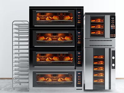 Stainless Steel Commercial Kitchen Multi Layer Ovens With Roasted Food And Metal Storage Rack 3d model
