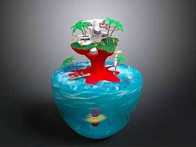 Cartoon Scene Of Floating Island With Palm Trees White Buildings Green Grass And Blue Water 3d model