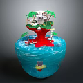 Cartoon Scene Of Floating Island With Palm Trees White Buildings Green Grass And Blue Water