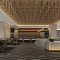 Modern Restaurant Interior Featuring Wooden Ceiling Large Windows Open Layout Dining Tables Chairs And Buffet 3d model