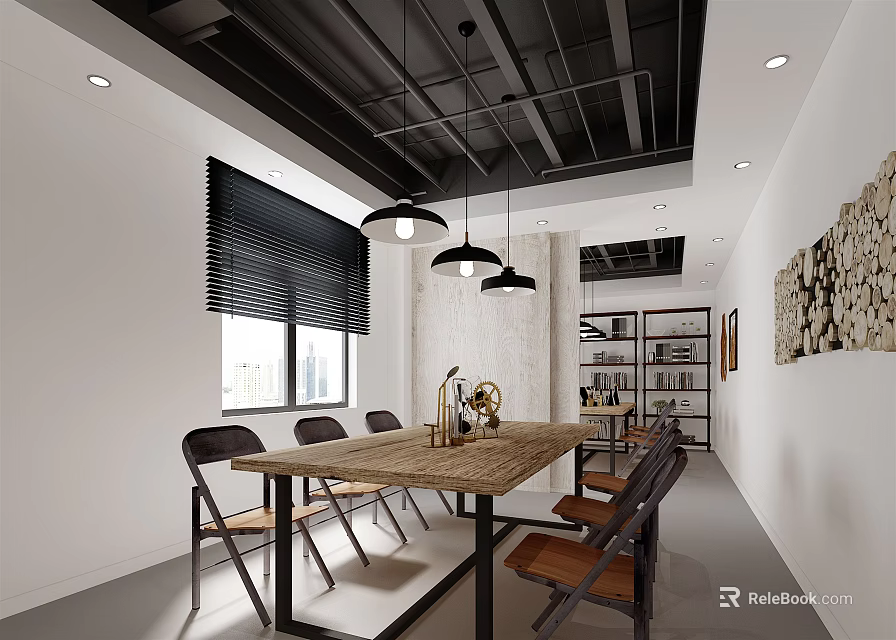 Modern Meeting Room With Wooden Long Table Black Pendant Lights Black Blinds And Bookshelves 3d model 