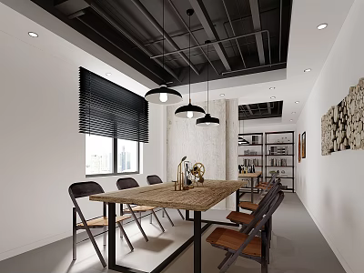 Modern Meeting Room With Wooden Long Table Black Pendant Lights Black Blinds And Bookshelves 3d model