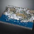 3D Detailed Terrain Model with Mountain Ranges Glaciers and Blue Water Areas