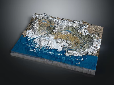3D Detailed Terrain Model with Mountain Ranges Glaciers and Blue Water Areas 3d model
