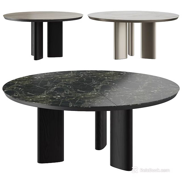 Modern Minimalist Round Dining Table With Black Green Veined Marble Top And Black Wooden Legs 3d model 