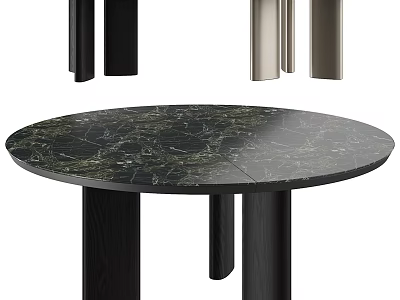 Modern Minimalist Round Dining Table With Black Green Veined Marble Top And Black Wooden Legs 3d model