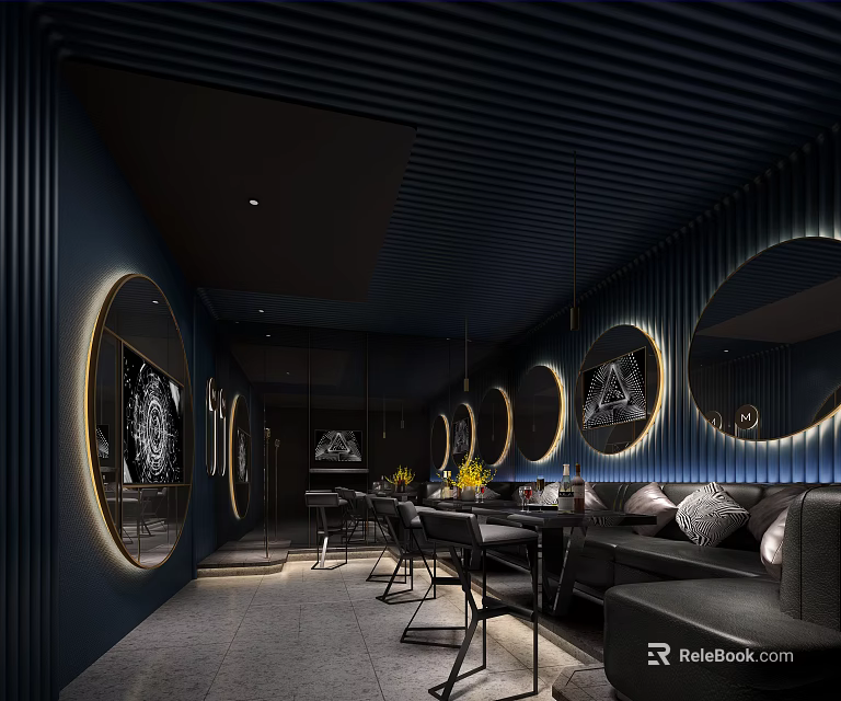Modern KTV Interior With Dark Blue Walls Circular Decorations Lighting And Seating 3d model 