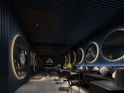 Modern KTV Interior With Dark Blue Walls Circular Decorations Lighting And Seating 3d model