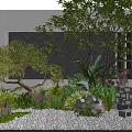 Tranquil Garden Landscape Featuring Green Trees Flowers Gravel Brick Gray Wall And Black Lattice Window