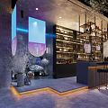 Stylish Modern Bar Interior With Counter Black Stools Shelves Bottles Lighting And Screens