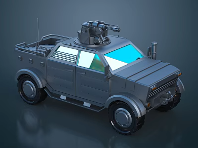Gray Armored Military Vehicle With Roof Turret And Heavy Duty Wheels 3d model