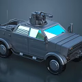 Gray Armored Military Vehicle With Roof Turret And Heavy Duty Wheels