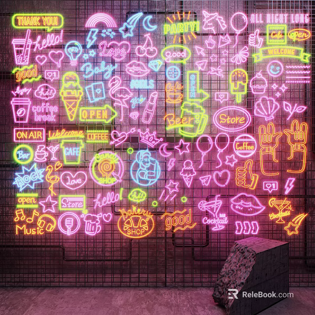 Colorful Neon Decorative Lights With Various Patterns On Grid Background 3d model