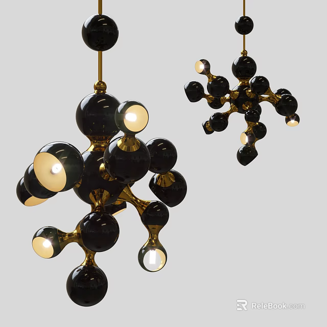 Modern Black Sphere Chandelier With Gold Metal Frame And Multiple Lights 3d model 