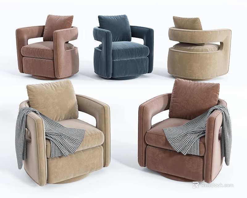 Stylish Single Sofa Collection in Various Colors with Plaid Blankets and Armrests 3d model 