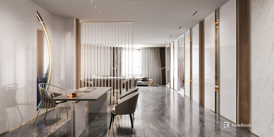 Modern Private Room Interior With Marble Floor And Partition 3d model