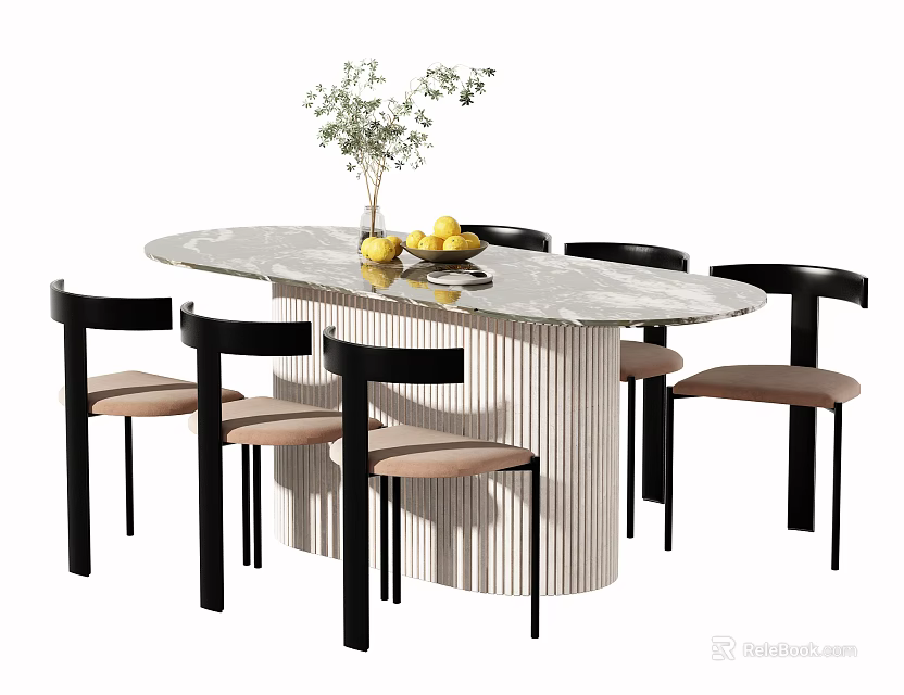 Oval Dining Table Set With Marble Top Striped Legs Six Black Chairs Light Brown Seats 3d model 