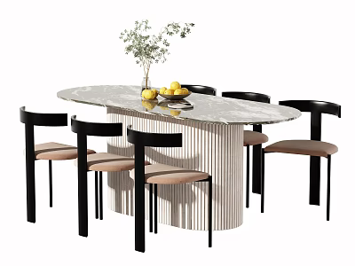 Oval Dining Table Set With Marble Top Striped Legs Six Black Chairs Light Brown Seats 3d model