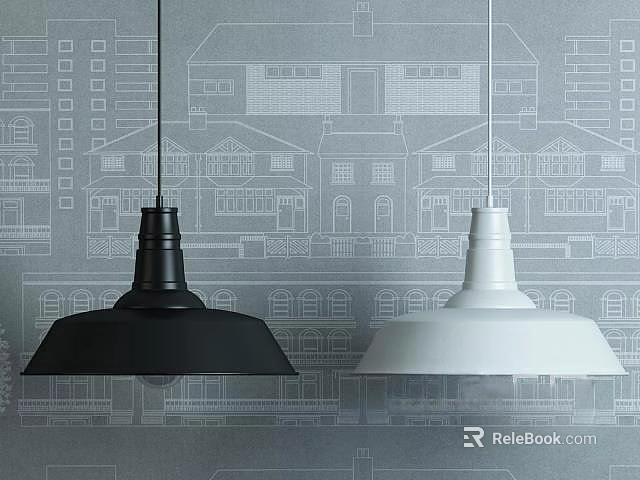Two Black And White Pendant Lights Hanging Against Architectural Blueprint Background 3d model 