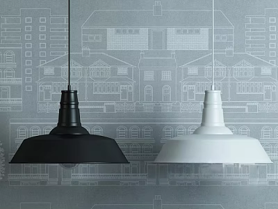 Two Black And White Pendant Lights Hanging Against Architectural Blueprint Background 3d model