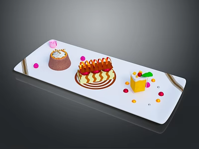 Three Assorted Desserts On White Rectangular Plate With Strawberry Cake Chocolate Cup And Yellow Square 3d model