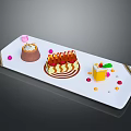 Three Assorted Desserts On White Rectangular Plate With Strawberry Cake Chocolate Cup And Yellow Square