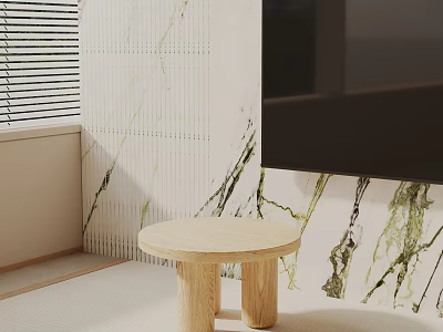 Round Wooden Side Table with Cylindrical Legs in Contemporary Interior with Marble Wall and Blinds 3d model