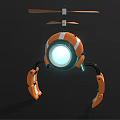 Orange Robot Character With Spherical Body Blue Glowing Eye Mechanical Legs And Propeller