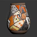 Artistic Decorative Vase With Orange White Black Patterns And Blue Gem Accent 3d model
