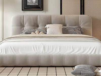 Light Gray Upholstered Double Bed With Plush Pillows And Striped Accent In Modern Bedroom Interior 3d model
