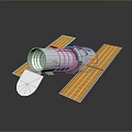 Space Satellite with Cylindrical Body Solar Panels and Reflector Dish Metallic Surface