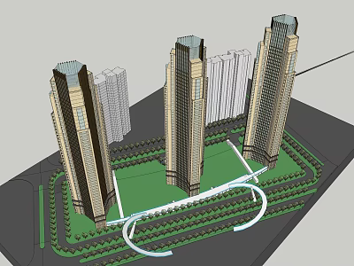 Urban High Rise Buildings With Central Green Space And Curved Roadway Design 3d model