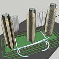 Urban High Rise Buildings With Central Green Space And Curved Roadway Design