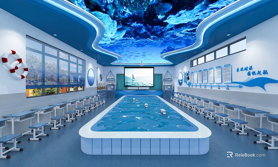 School Modern Underwater Themed Classroom With Blue Coral Ceiling Central Pool And Large Screen 3d model 