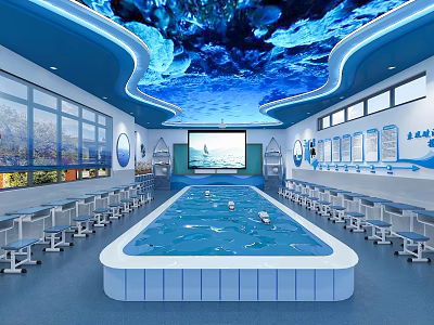 School Modern Underwater Themed Classroom With Blue Coral Ceiling Central Pool And Large Screen 3d model