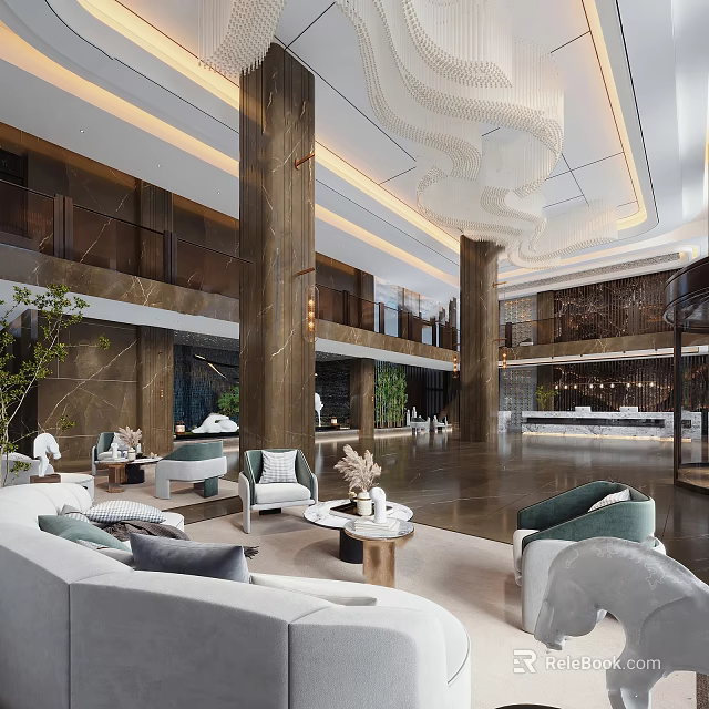 Luxurious Hotel Lobby Interior With Marble Columns Chandelier Seating Coffee Tables And Green Plants 3d model 