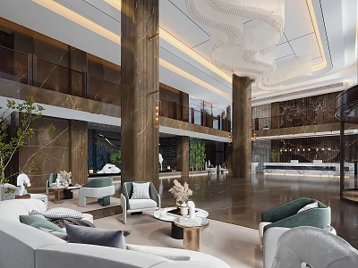Luxurious Hotel Lobby Interior With Marble Columns Chandelier Seating Coffee Tables And Green Plants 3d model