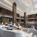 Luxurious Hotel Lobby Interior With Marble Columns Chandelier Seating Coffee Tables And Green Plants