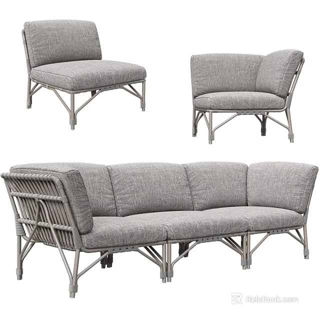 Gray Wicker Frame Sectional Sofa With Modern Design And Cushioned Seats 3d model