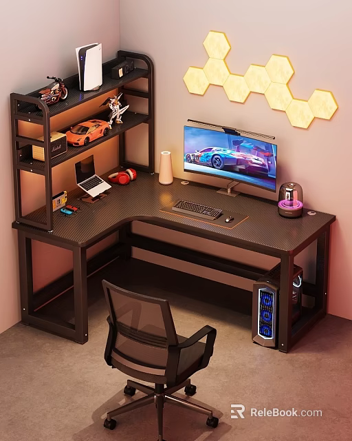 L Shaped Functional Gaming Desk With Monitor Shelf Headphones And Hexagon Lights 3d model 