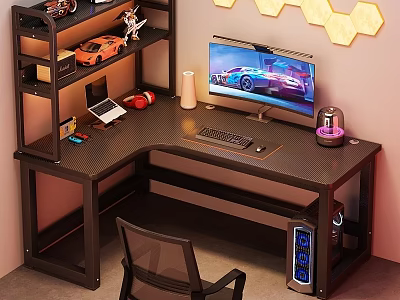 L Shaped Functional Gaming Desk With Monitor Shelf Headphones And Hexagon Lights 3d model