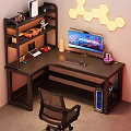 L Shaped Functional Gaming Desk With Monitor Shelf Headphones And Hexagon Lights