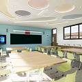 Modern School Classroom Interior With Wooden Tables Green Chairs Photo Poster Wall And Large Windows