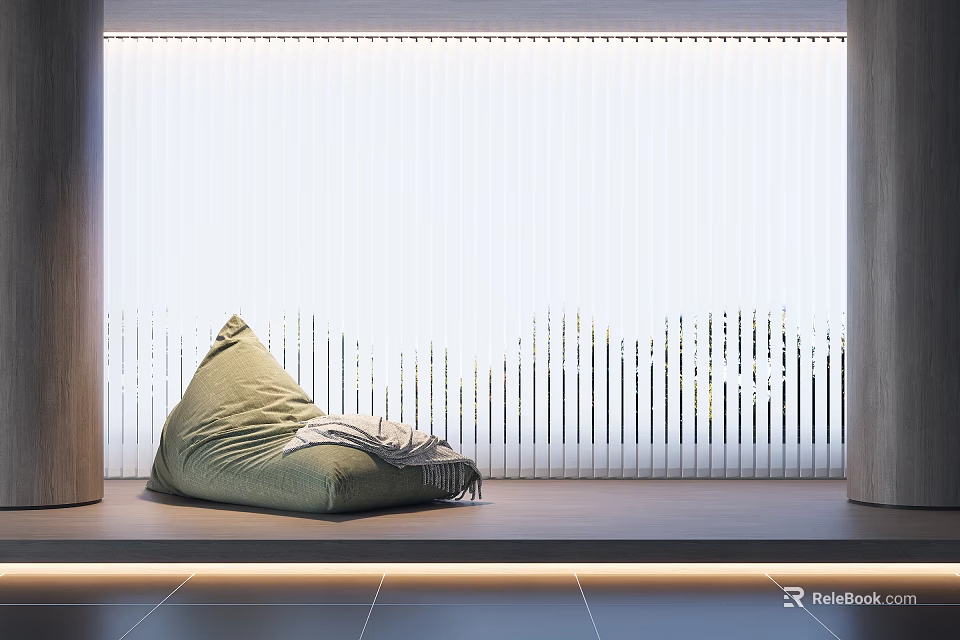 Green Bean Bag Chair by Window in Modern Room with Natural Light and Window Blinds 3d model 