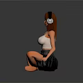 Woman Wearing Headphones White Tank Top And Dark Pleated Skirt Sitting Cross Legged