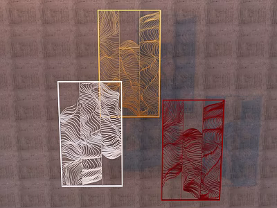 Golden White and Red Decorative Ornament Set With Wavy Line Design For Grey Wall 3d model