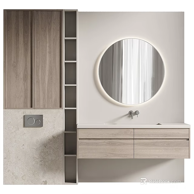 Modern Bathroom Washbasin With Illuminated Round Mirror Wooden Cabinet And Open Shelf 3d model 